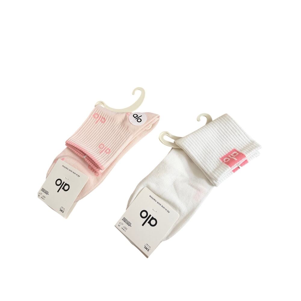 Alo Women’s Crew Socks 2 Pair Set Pink White Logo Athletic Socks S/M NWT